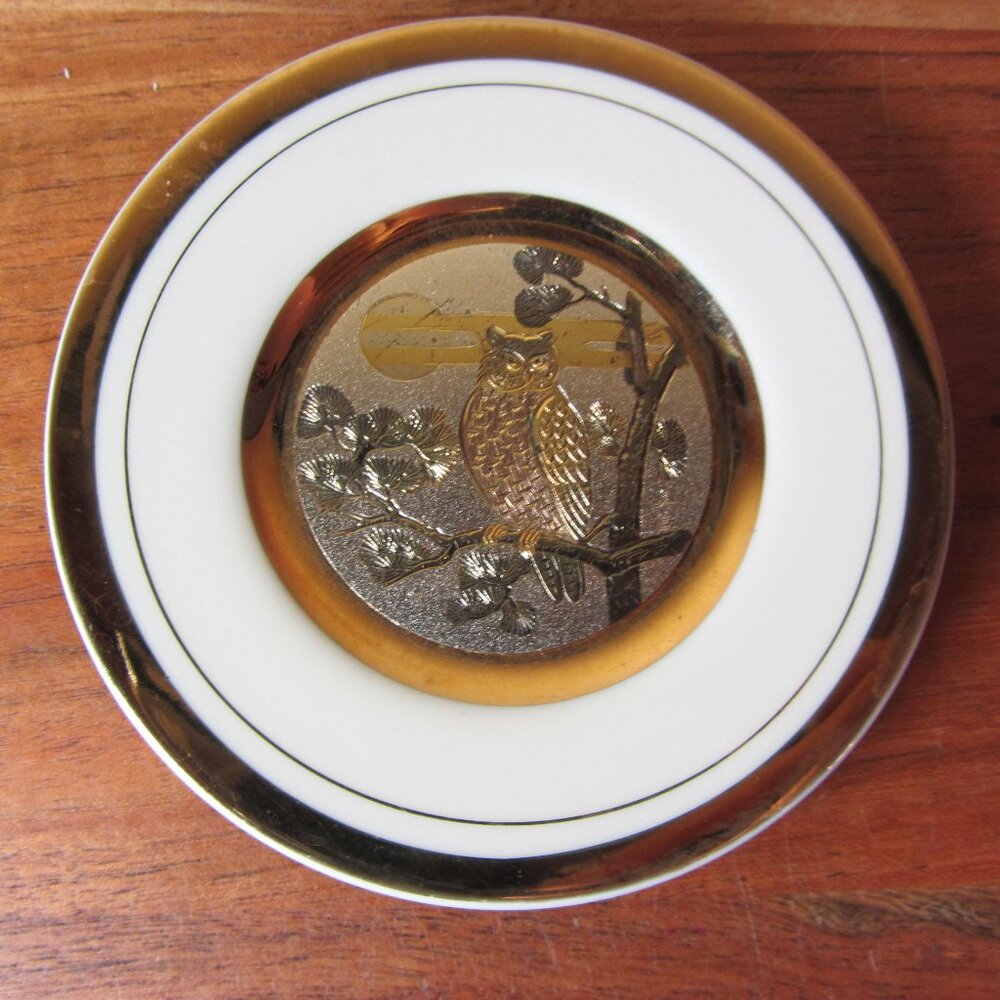 chokin 24k gold silver art owl plate numbered (W4916)